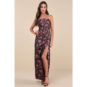 Lulus NWT Demure Muse Plum Purple Floral Jacquard Strapless Maxi Evening Dress